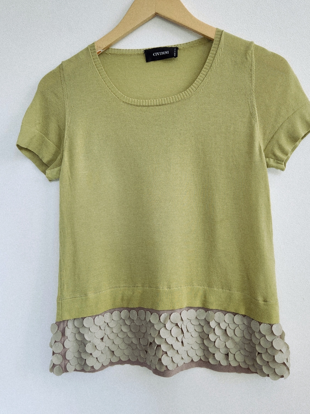 Cividini Olive Green Short Sleeve Top with Scallop Hem Detail